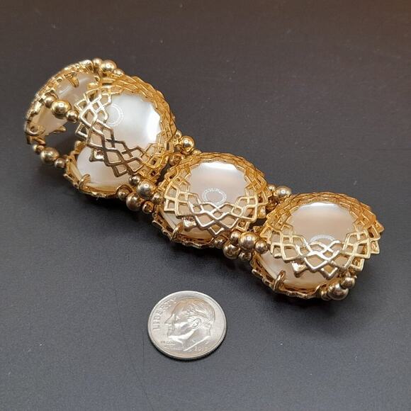 White Pearled Cabochon Stretch Bracelet, Gold Tone Filigree Frames, 7" plus - Picture 5 of 8